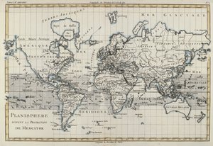 Mapa světa pomocí Mercatorovy projekce z „Atlasu všech známých částí zeměkoule“ od Guillauma Raynala (1713-96), publikováno v Ženevě, 1780